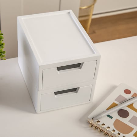 Martha Stewart Weston Stackable White Engineered Wood Boxes W/ Drawers, Desktop Organizers, 5.25in x 7in, 2PK LY-E2208115-2-WH-MS